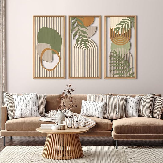 IARTTOP Large Boho Mid-century Modern Wood Wall Art 16x32 Inch Framed Green Abstract Leaf Wooden Wall Decor Bohemian Minimalist Geometric Wall Art Decor for Bedroom Living Room Office Set of 3
