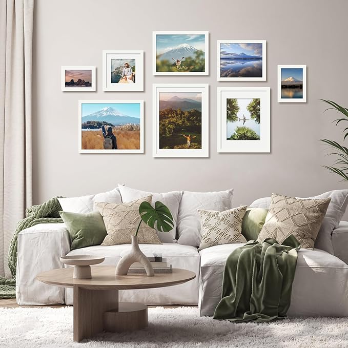 Egofine 8x8 Picture Frame 4PCS, Made of Solid Wood Covered by Plexiglass Display 4x4/6x6 with Mat or 8x8 without Mat, for Table Top Display and Wall Mounting Photo Frame, White with Texture