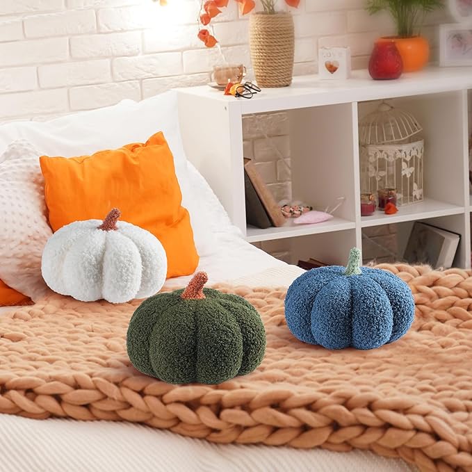 Namalu 3 Pcs Thanksgiving Pumpkin Pillows 3D Throw Cushion Soft Sofa Pillows Stuffed Pumpkin Decoration for Fall Winter Living Room Home Christmas Thank You Gifts(7.87 Inch,White, Green, Blue)
