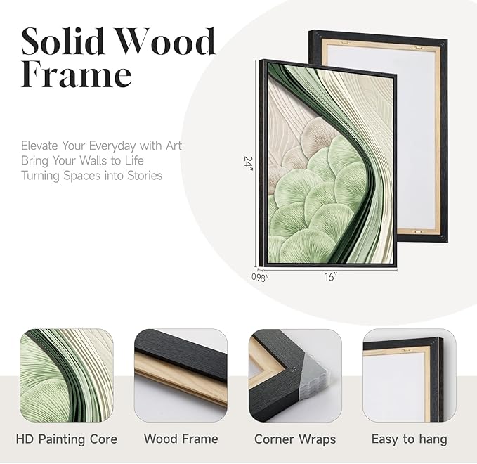 Framed Green Abstract Wall Art Bedroom, 3 Piece Botanical Modern Minimalist Canvas Print Artwork for Walls, Leaf Paintings Pictures for Small Living Room Dining Room Office Wall Art Decor, 16x24 Inch