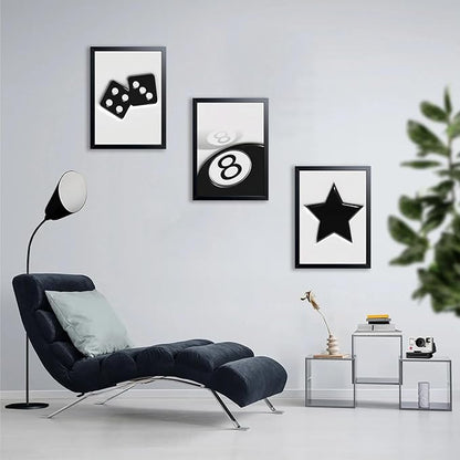 Black And White Wall Art Set of 3, Vintage Y2k Dice 8 Ball Canvas Prints Painting, Funky Lucky Preppy Posters Pictures For Game Room Apartment Dorm Teenager Room Wall Decor 16x24 Inch Framed