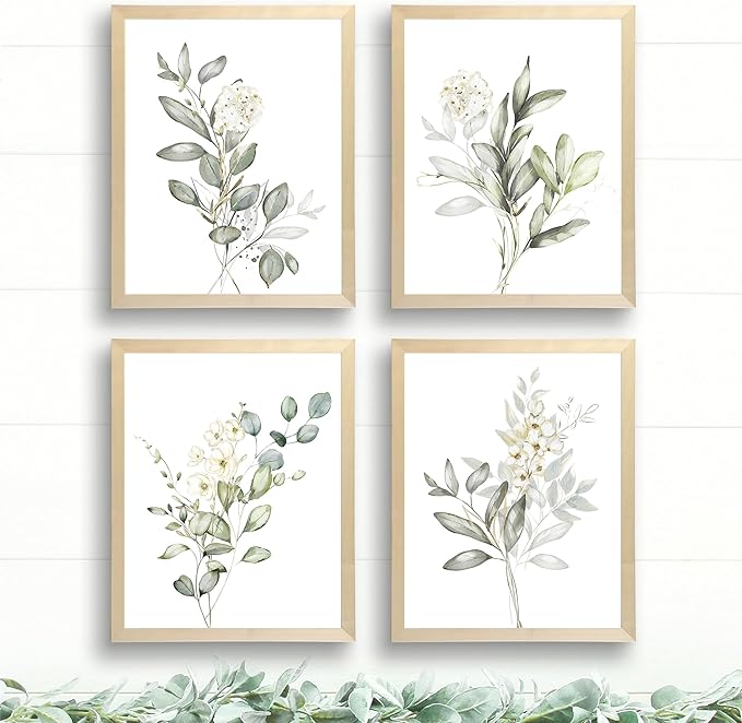 Botanical Watercolor Art Prints (Set of 4) - 11x14 (Unframed) | Boho Leaves and Flowers Wall Decor | Minimalist Floral Artwork for your Home, WFH Office, Kitchen, Dining Room, Bedroom, and Bathroom