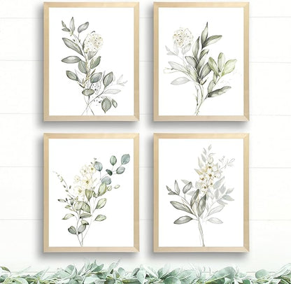 Botanical Watercolor Art Prints (Set of 4) - 11x14 (Unframed) | Boho Leaves and Flowers Wall Decor | Minimalist Floral Artwork for your Home, WFH Office, Kitchen, Dining Room, Bedroom, and Bathroom