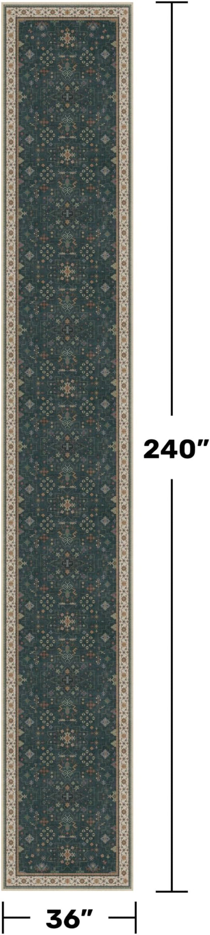 Hazo Haus Washable 3x20 Dark Green Hallway Runner Rug - Modern Vintage Boho Long Wide Runner Rugs for Kitchen, Eclectic Floral with Brown Accent, Low Pile Stain Resistant