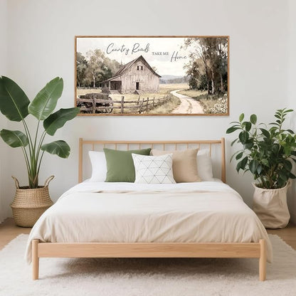 Aurlan Country Roads Take Me Home Wall Art(40"x20"), Neutral Countryside Cottage Cabin Farmhouse Old Barn Canvas Artwork, Large Vintage Rustic Nature Meadow Field Landscape Decor for Home Dining Room