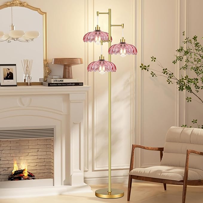 AHDWDW Gold Floor Lamp for Living Room,Modern Floor Lamps with Unique Pink Glass Shades,3 Lights Mid Century Tall Standing Lamp,Vintage Tree Flower Floor Lamp for Bedroom Corner Office Reading
