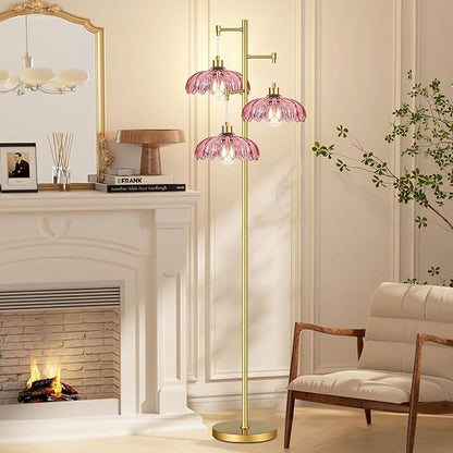 AHDWDW Gold Floor Lamp for Living Room,Modern Floor Lamps with Unique Pink Glass Shades,3 Lights Mid Century Tall Standing Lamp,Vintage Tree Flower Floor Lamp for Bedroom Corner Office Reading