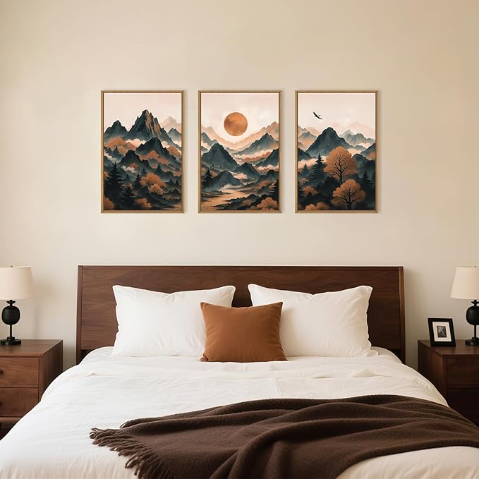 Celestdeco Large Boho Mountain Framed Canvas Wall Art Set,Brown Ridge Landscape Wall Decor,Pine Tree Scenery Wall Painting, Sunrise Abstract Wilderness Art Print for Living Room,Bedroom,Office-16"X24"X3