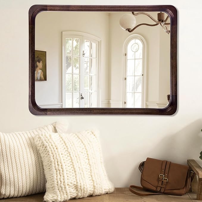 Tanmicoshomy Wood Bathroom Mirror 30 x 40 Inch, Solid Wooden Framed Rectangle Mirrors with Shatterproof Glass for Living Room Bedroom Office or Entryway(Dark Brown)
