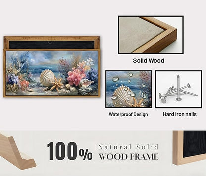 Coastal Coral Wall Art Rustic Seashell Framed Painting Graffiti Abstract Seascape Bathroom Wall Decor Blue Ocean Beach Picture for Living Room Conch Starfish Canvas Print Artwork Home Decoration 20x40