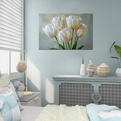 Bathroom Wall Art White Tulips Flowers Decor Modern Spring Floral Paintings Canvas Prints Artwork for Living Room Bedroom Home Decoration Framed