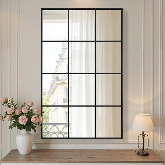 Anpark Windowpane Wall Mirror 30"x48" Black Wall Mounted Art Pane Mirror Farmhouse Decorative Mirror Leaning Hanging Wall Mirror for Bedroom Living Room Entrance Hallway Wall Decor