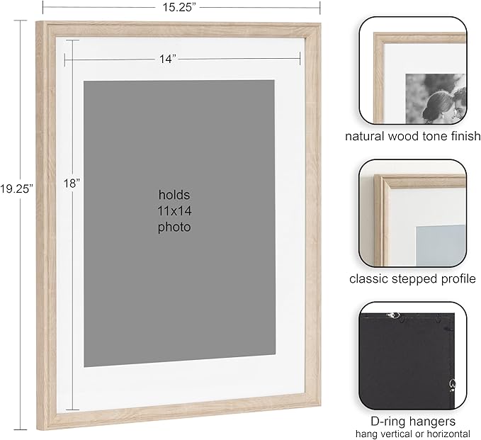 Kate and Laurel Adlynn Rectangle Picture Frame Set of 3; 14 x 18 matted to 11 x 14; Natural; Transitional Three-Piece Frame Set for Gallery Wall Frame Set in Living Room Wall Decor