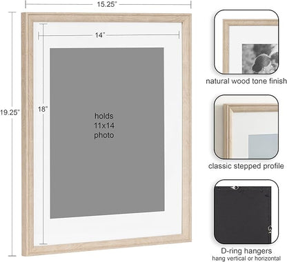 Kate and Laurel Adlynn Rectangle Picture Frame Set of 3; 14 x 18 matted to 11 x 14; Natural; Transitional Three-Piece Frame Set for Gallery Wall Frame Set in Living Room Wall Decor