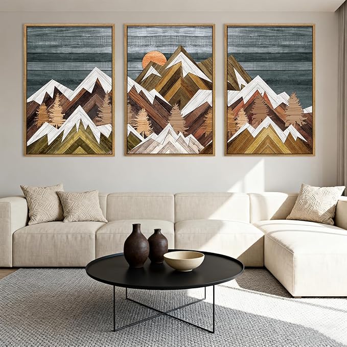 BINCUE Extra Large Mountain Wall Art Farmhouse Mountain Wall Decor Large Landscape Artwork 24x36 Inches Set of 3 Framed Rustic Painting Boho Mountains Artwork for Living Room Bedroom Office