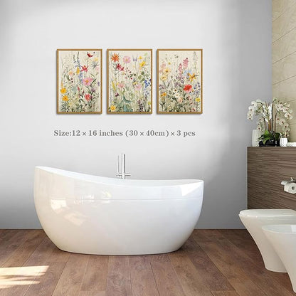 KISSFOX 3 Piece Watercolor Wildflower Botanical Framed Wall Art Colorful Floral Canvas Art Prints Boho Flower Pictures Wall Decor Modern Minimalism Paintings Artwork Girls Bedroom Living Room Bathroom