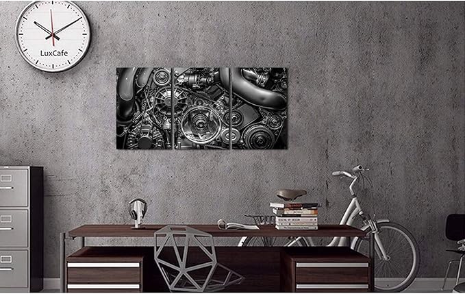 HOMEOART Engine Wall Art Closeup Gear and Chain Black and White Picture Canvas Print Gallery Wrapped Man Cave Wall Decor 24"x48" (3 Panels)