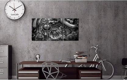 HOMEOART Engine Wall Art Closeup Gear and Chain Black and White Picture Canvas Print Gallery Wrapped Man Cave Wall Decor 24"x48" (3 Panels)
