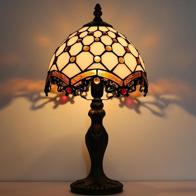 Tiffany Style Lamp Stained Glass Table Lamp 8 x 14.5” Mini Accent Light Phoenix Tail Beads Design Small Decorative Bedside Reading Memory Lamp