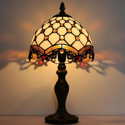 Tiffany Style Lamp Stained Glass Table Lamp 8 x 14.5” Mini Accent Light Phoenix Tail Beads Design Small Decorative Bedside Reading Memory Lamp