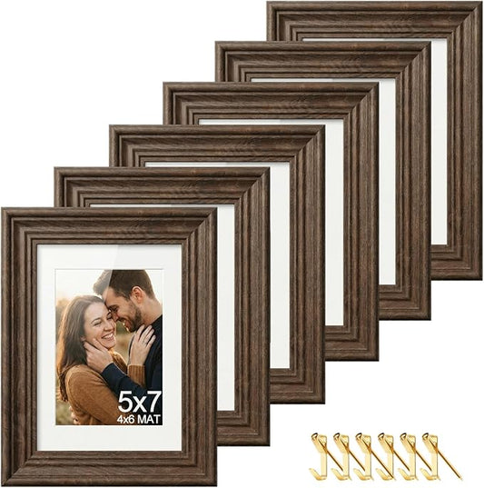 POZEAN 5x7 Picture Frame Set of 6, Picture Frames for Gallery Wall Decor Wood Grain Look, Shatterproof Lightweight Design, Wall Hanging & Tabletop Display with Mat for 4x6 Photos, Rustic Home Decor Living Room Bedroom Office