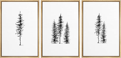 SIGNLEADER Framed Canvas Print Wall Art Three Pine Tree Portraits Nature Flower Drawings Modern Art Zen Scenic Relax/Calm Black and White for Living Room, Bedroom, Office - 16"x24"x3 NATURAL