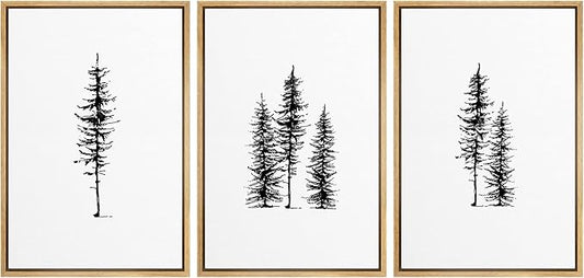 SIGNLEADER Framed Canvas Print Wall Art Three Pine Tree Portraits Nature Flower Drawings Modern Art Zen Scenic Relax/Calm Black and White for Living Room, Bedroom, Office - 16"x24"x3 NATURAL