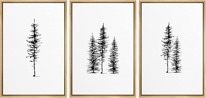 SIGNLEADER Framed Canvas Print Wall Art Three Pine Tree Portraits Nature Flower Drawings Modern Art Zen Scenic Relax/Calm Black and White for Living Room, Bedroom, Office - 24"x36"x3 NATURAL