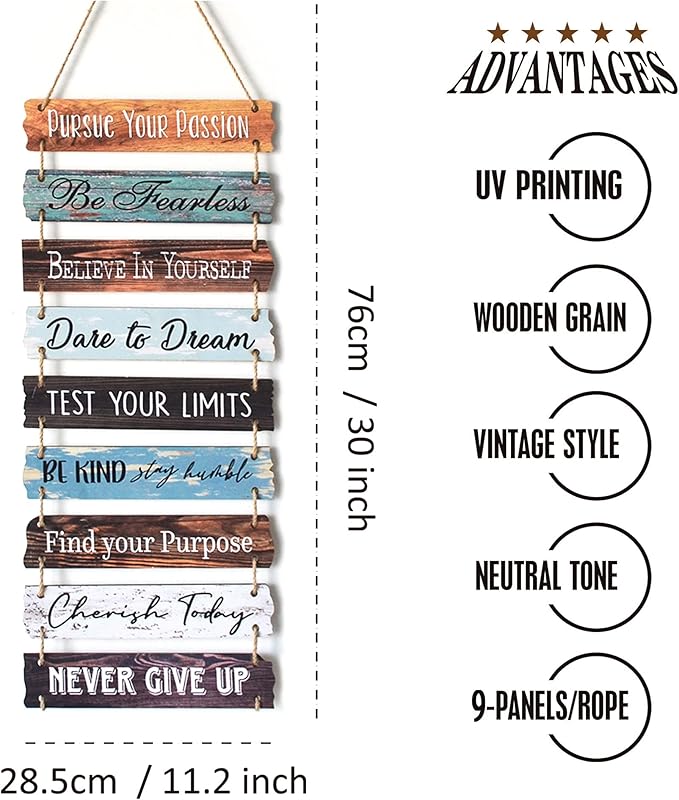 Yudarte Inspirational Wall Art 9pcs Strung Wooden Panels - Farmhouse Rustic Office Decorations for Work - Motivational Wall Decor for Home Bedroom Living Room
