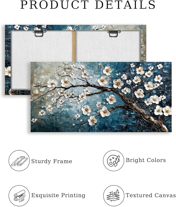 crmotu Teal Tree Wall Art, Plum Blossom Extra Large Artwork, Chinoiserie Floral Canvas Botanical Prints, Blue Plant Modern Wall Pictures for Living Room Bedroom Office Farmhouse Cottage 29X57 Inches