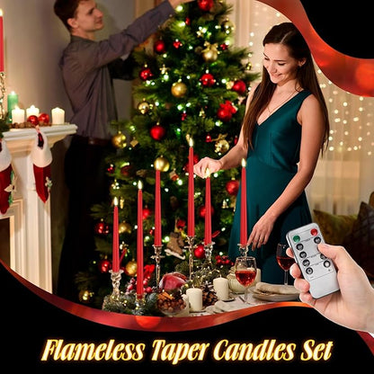 Rossesay 28 Pcs Flameless Taper Candles with Timer Remote 4 Sizes of 8.5", 9.6", 10.83", 12.8" LED Flickering Taper Candles Battery Operated for Valentine's Day Church Wedding Home Decor(Red)