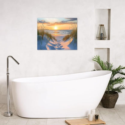 LB Coastal Sunset Beach Wall Art Nature Seascape Landscape Ocean Canvas Wall Art Green Grass Plant Wall Decor for Bedroom Living Room Bathroom Framed Ready to Hang 16L x 20W