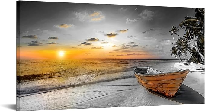 KREATIVE ARTS 24x48in Black and White Beach Sunset Seascape Canvas Prints - Ocean Landscape with Boat Tree Artwork, Natural Scenery Wall Art for Living Room, Bedroom, Office Decor