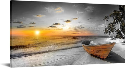 KREATIVE ARTS 24x48in Black and White Beach Sunset Seascape Canvas Prints - Ocean Landscape with Boat Tree Artwork, Natural Scenery Wall Art for Living Room, Bedroom, Office Decor
