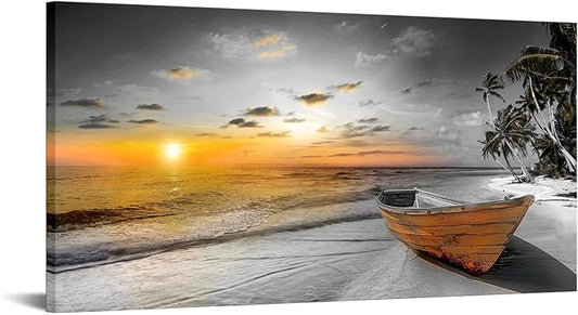 KREATIVE ARTS 24x48in Black and White Beach Sunset Seascape Canvas Prints - Ocean Landscape with Boat Tree Artwork, Natural Scenery Wall Art for Living Room, Bedroom, Office Decor