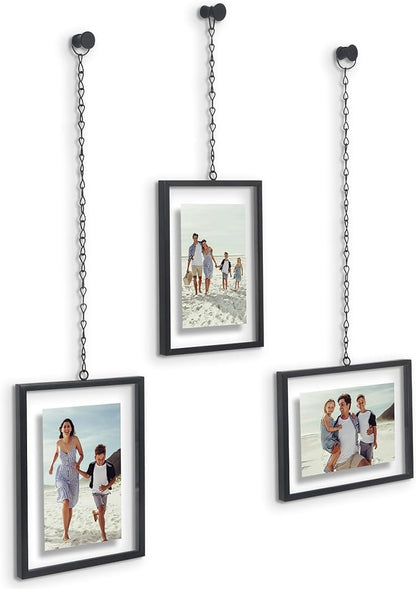 Americanflat Metal Floating Frame with Chain - Set of 3 - Use as 4x6 Picture Frame - Pressed Flower Display for Wall Decor - Elegant Black Molding with Shatter-Resistant Glass