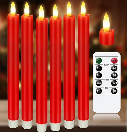 KSWING Upgraded Real Wax LED Flameless Red Taper Candles with Remote, 6 PCS Candlesticks Battery Operated 3D Flickering - 9.6" Long Realistic Fake Candle Sticks for Home/Wedding/Fireplace Xmas Decor