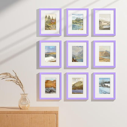 Vittanly 8x10 Picture Frames Set of 9, Shatter Resistant Plexiglass, Display 5x7 Pictures with Mat or 8x10 without Mat, Photo Frames for Wall or Tabletop, Engineered Wood, Purple