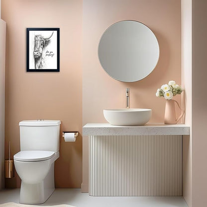 Gongyuanyihao Arts Funny Highland Cow Bathroom Wall Art with Black Frame, Are You Pooping Sign for Farmhouse Restroom Decor, Rustic Humorous Canvas Print Painting Ready to Hang 16"x20"