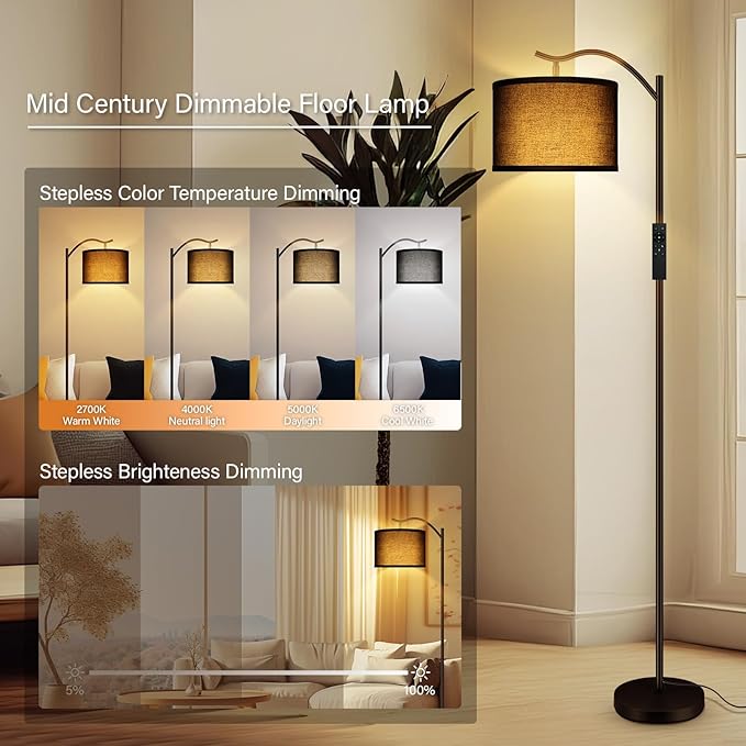 BoostArea Floor Lamp for Living Room,Arc Floor Lamp with Remote Control,Stepless Dimmable Brightness & Colors Temperature 2700k-6500k,Modern Standing Lamp for Bedroom Study Room Office,Black