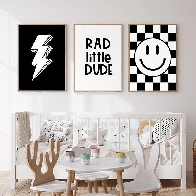 Boys Room Wall Art Decor Set of 3 Toddler Nursery Canvas Wall Art Baby Kids Wall Decor Black Checkered Smiley Poster Pictures Retro Playroom Rad Little Dud Art Prints for Bedroom 16x24 Inch Unframed