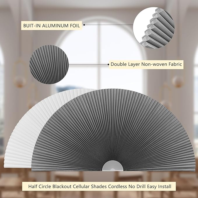 Arch Window Shade Blackout Cellular Shades Half Circle Moon Window Covering No Drill Honeycomb Cordless Blinds for Indoor Window Room Darkening Easy Install Light Blocking Blinds (1, Grey, 72x36inch)