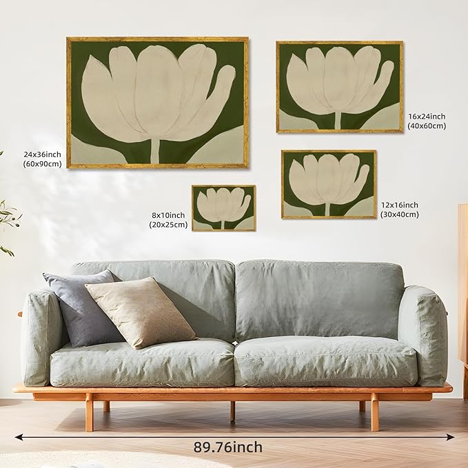 Large Gold Framed White Tulip Canvas Poster Green Modern Botanical Wall Art Elegant Floral Horizontal Boho Painting Prints Retro Stylish Flower Pictures Artwork Aesthetic Wall Decor 24x36inch