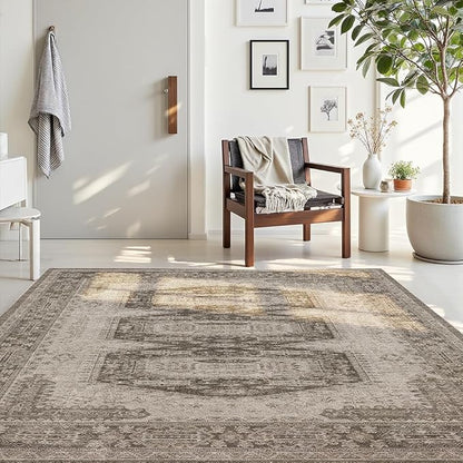 4x6 Area Rugs Grey Brown Washable Rug for Living Room, Dining Room, Bedroom, Large Carpets, Non Slip & Non-Shedding Low Pile Vintage Print Rug for Home Office Decor