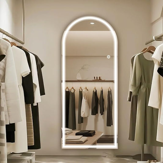 Arched LED Mirror Full Length - 30" x 71" Large Arch Floor Full Body Mirror with 3 Color Lights Brightness Adjustable, Standing Leaning for Bedroom, Dressing Room, Cloakroom, White