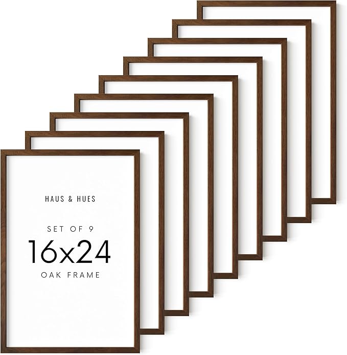 HAUS AND HUES Walnut Wood 16x24 Poster Frames - Set of 9, Natural Frames with Plexiglass and Hanging Hardware (Walnut Oak Frame)