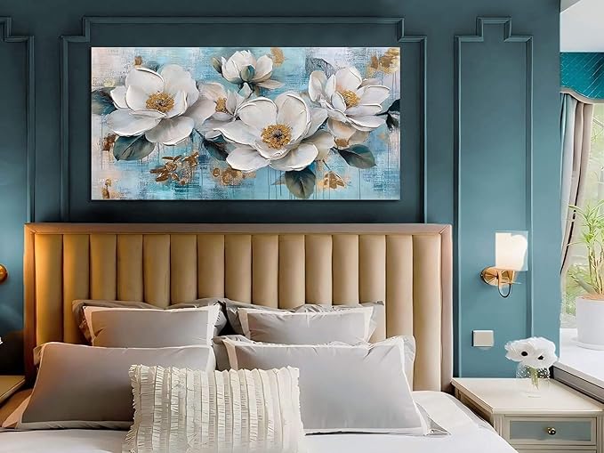 Ardemy Flower Wall Art for Living Room White Floral Canvas Art Wall Decor, Magnolia Teal Picture Textured Painting Turquoise Framed Artwork Bedroom Dining Room Kitchen Home Office 40"x20"