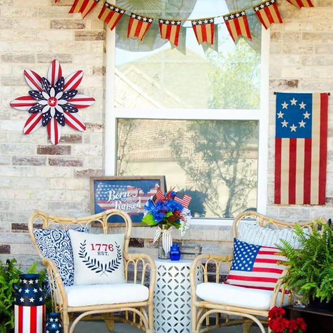 hogardeck 4th of July Decorations Outdoor, 16 inch Red White and Blue Metal Flower Wall Art for Fourth of July Decor, Patriotic Decorations for Yard Garden Home Indoor Mantel