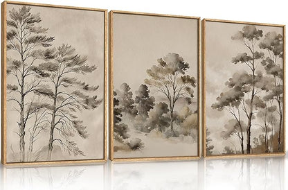 Vintage Sketch Trees Framed Canvas Wall Art Set,Watercolor Ink Nature Forest Landscape Wall Decor,Modern Birch Tree Branch Calm Painting for Living Room,Bedroom-24 x36 x3