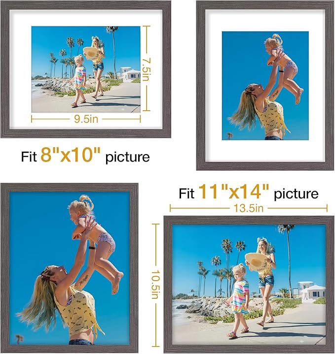 Vittanly 11x14 Picture Frames Set of 9, Display 8x10 Pictures with Mat or 11x14 without Mat, Photo Frames for Wall or Tabletop with Plexiglass, Engineered Wood, Dark Grey